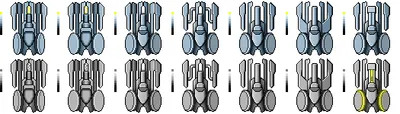 Some variations of the player ship and its color palette