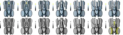 Some variations of the player ship and its color palette